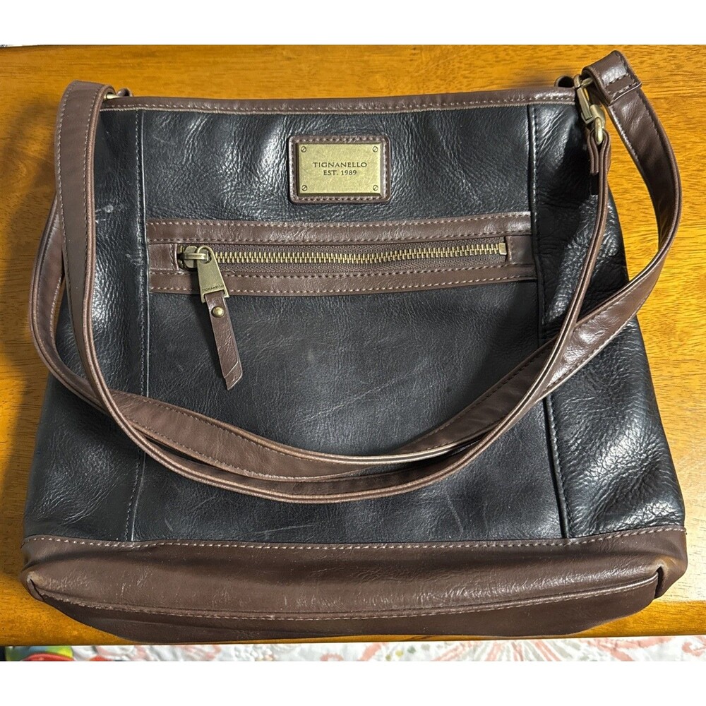 Tignanello Leather Crossbody Bag Black Brown Zip Handbag Purse 19x12x3